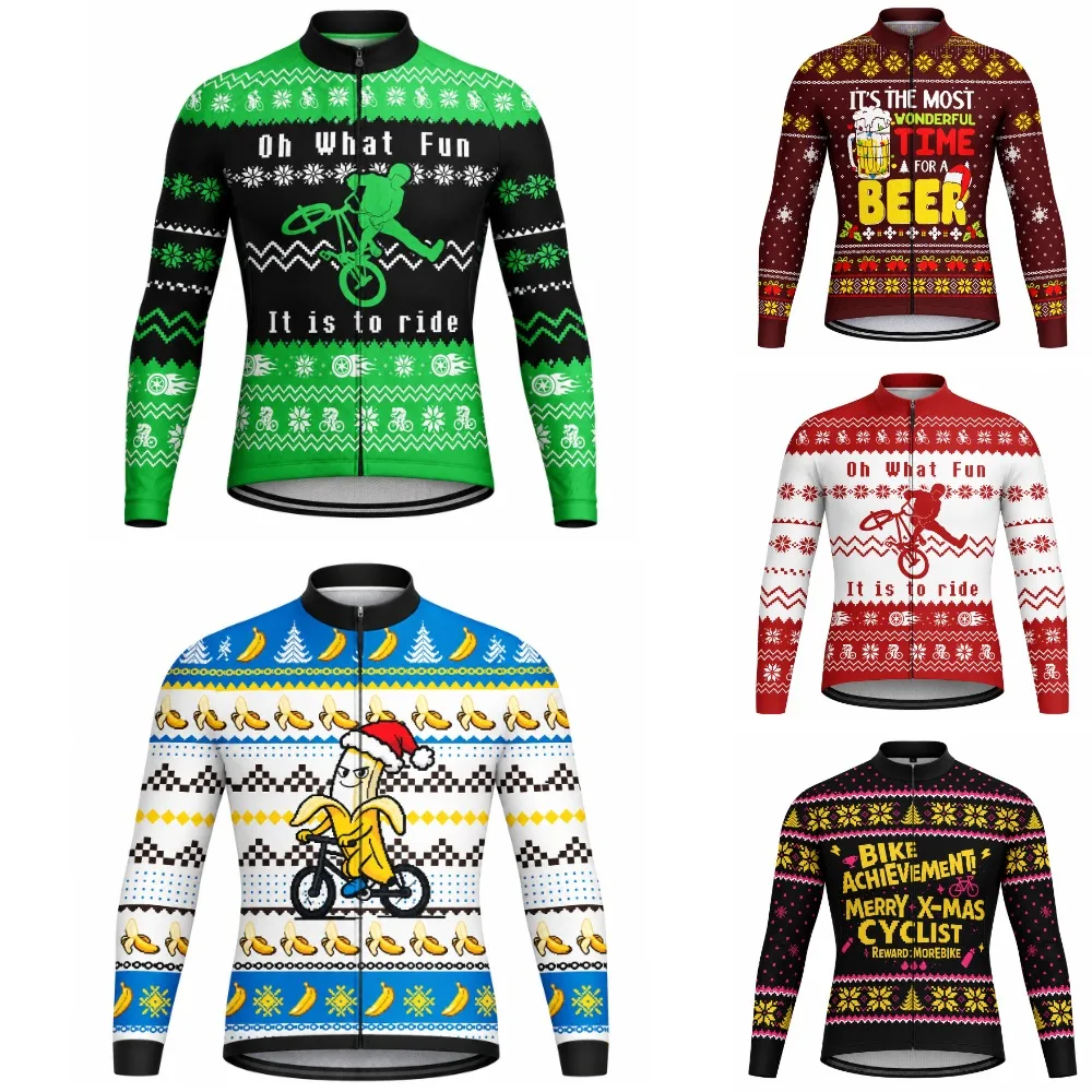 Men Christmas Cycling Jersey Long Sleeve Winter Fleece 3 Pocket Summer Thin