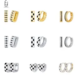 925 Sterling Silver Needle Black White Grid Hoop Earrings for Women Fashion Enamel Geometry  Earrings Luxury Jewelry Gifts