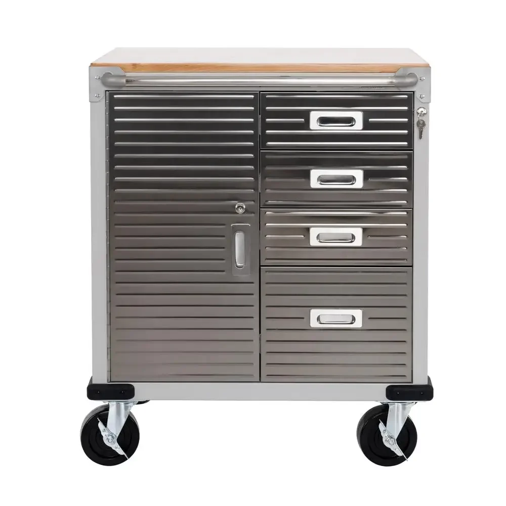 Workbench Table Stainless Steel Wood Top Cabinet 1-Door 4-Drawer Heavy Duty Rolling Garage Office Workshop