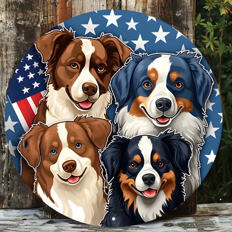 

Aluminum Metal Sign Aluminum Metal Sign Patriotic Australian Shepherd Dog 4th of July Independence Day Round Metal Wreath Sign