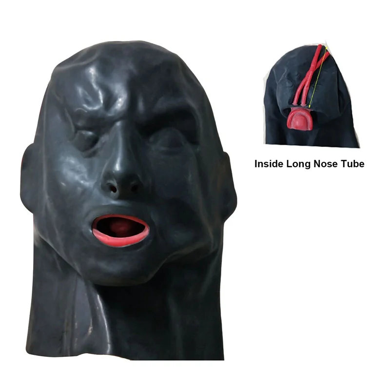 3D Latex Hood Rubber Mask Closed Eyes with Red Mouth Gag Plug Nose Tube Long and For Men Head Around 59-63cm