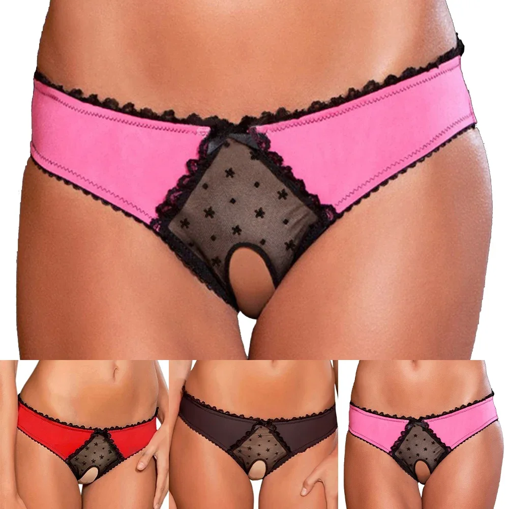 Womens Low Waist See Through Briefs Lace Open Crotch Underwear Female Bowknot Hollow Panties Crotchless Exotic Underpants