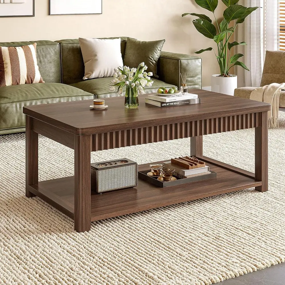 

Walnut Wave-Edge 39 Two-Tier Storage Coffee Table for Living Room or Bedroom/Office
