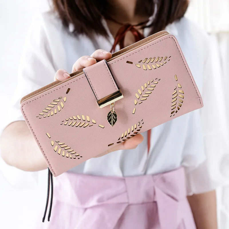 

Women's Wallet Portfel Female Long Wallet Gold Hollow Leaves Pouch Handbag For Women Coin Purse Card Holders Portefeuille Femme