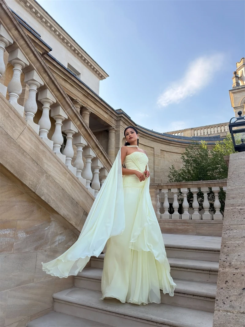 Xijun Baby Yellow Chiffon Evening Dresses Pleated Sleeveless A-Line Formal Prom Dresses Long Strapless Prom Gowns Customized