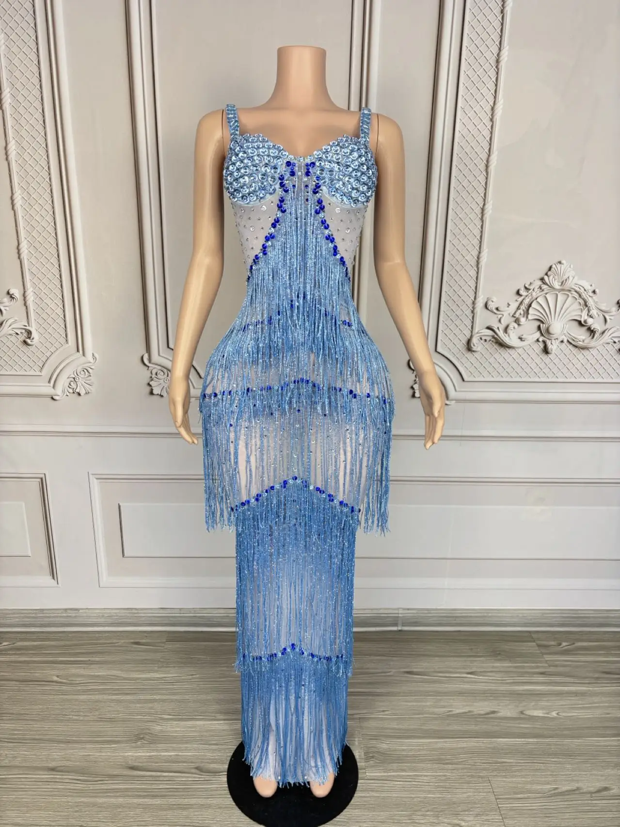 Brilhante strass borla deslizamento vestido longo sexy feminino celebrar baile de formatura pura malha vestido de noite aniversário sessão de fotos usar lantian