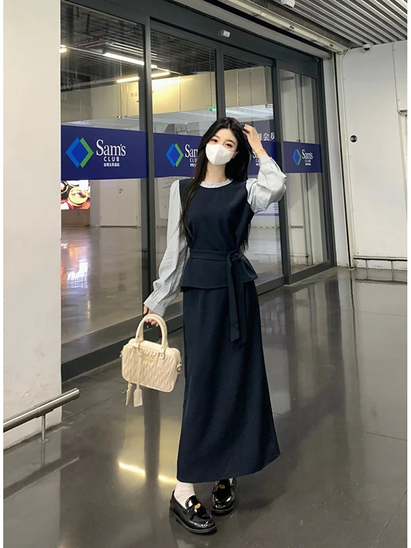 

Navy Blue Korean Temperament Fake Two Piece Suit Skirt Spliced Shirt Office Lady Autumn High-end Back-slit Skirt Women Outfits