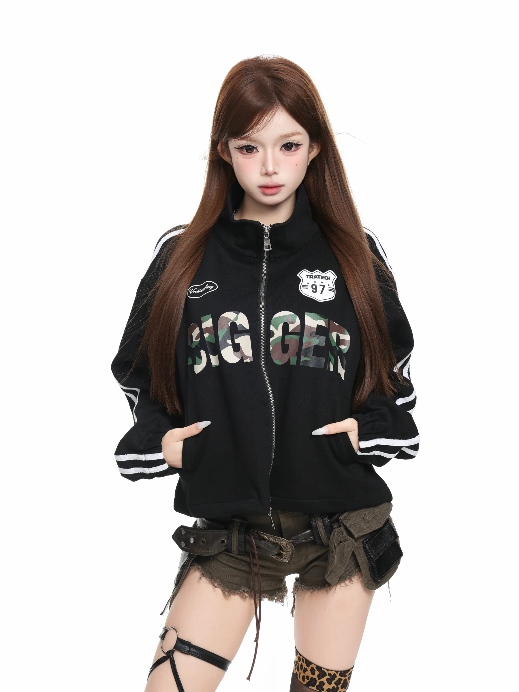 BASTERDS American Style Camouflage Letter Print Stand Collar Jacket Women Loose Slimming Casual Top Short Outerwear