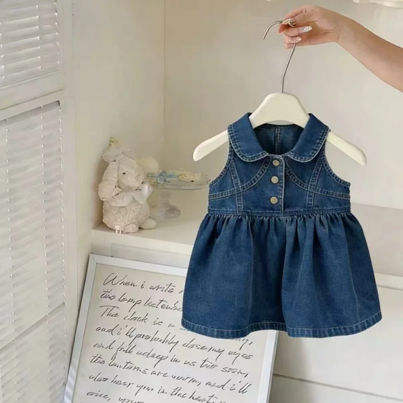 

Children's thin denim vest dress2026Fashionable girls' summer dress, stylish solid color princess dress