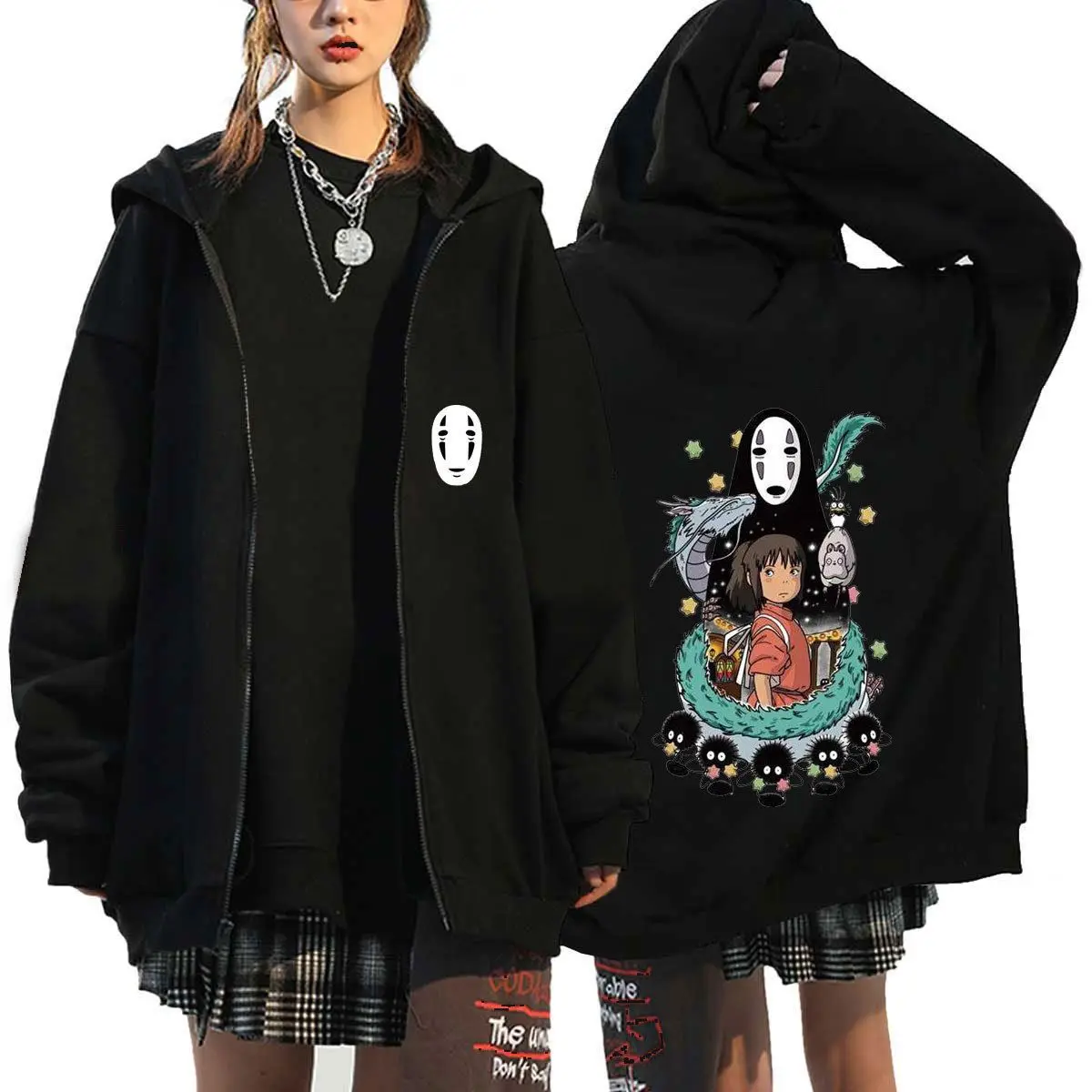 Ghibli No Face sweat à capuche noir femmes Anime dos imprimé coton décontracté à manches longues automne hiver Streetwear mode Cosplay veste