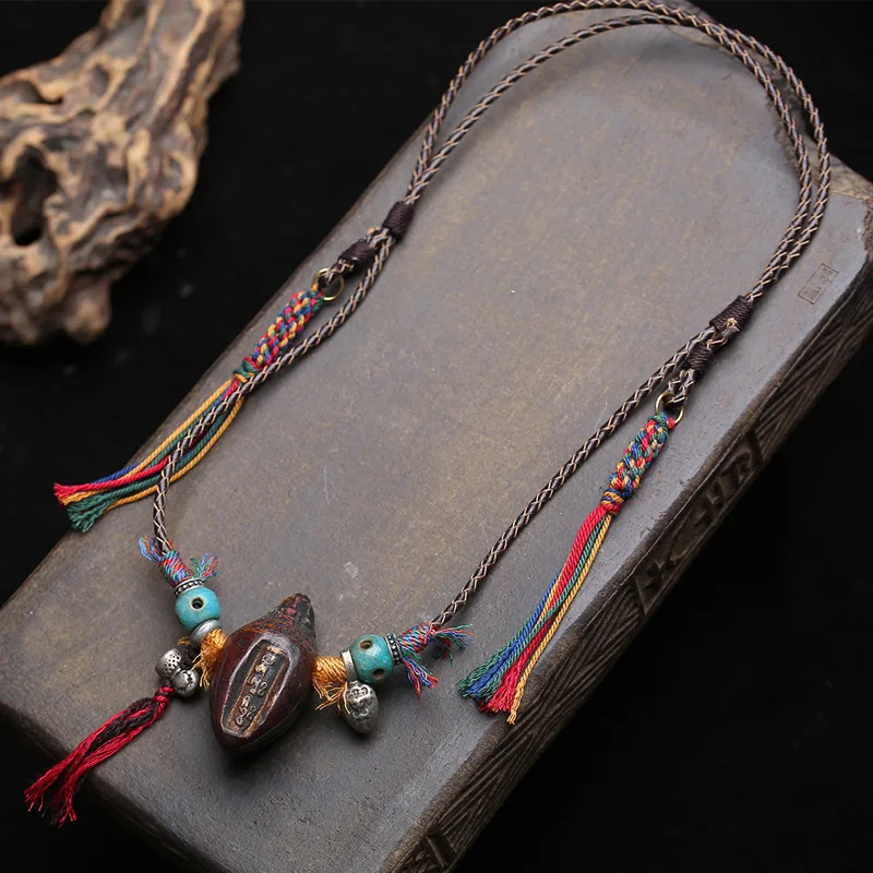 Hand-braided cord collarbone chain with hand-painted, carved proverb and Nyala Chacha pendant, knitted chain necklace