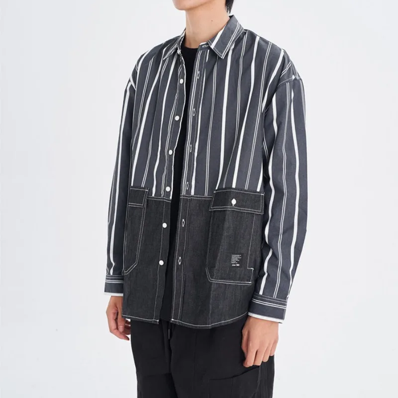 Men's Retro Striped Spliced Long Sleeve Shirt Casual Loose Trendy Outerwear