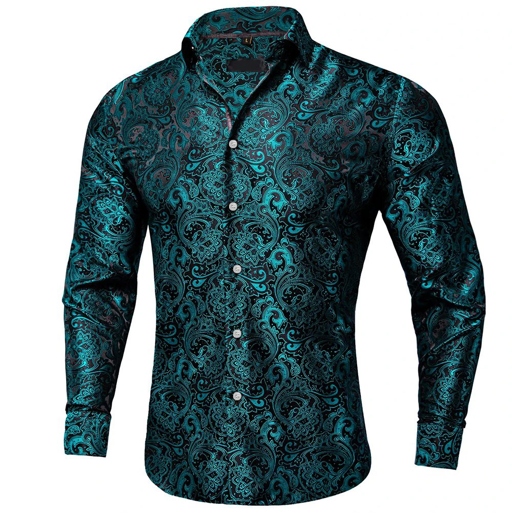 Mens Formal Blouse Paisley Long Sleeve Shirts Wedding Casual Style Lapel Neckline Polyester Fabric Slight Stretch