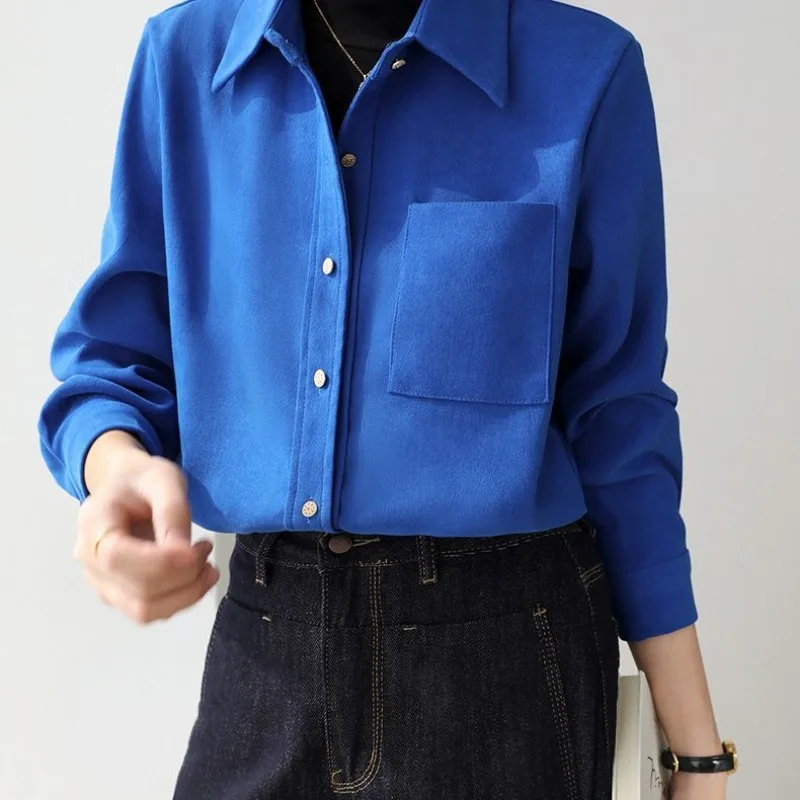 Women Klein Blue Brushed Flannel Shirt Long Sleeve Thick Button Down Blouse For Autumn Winter