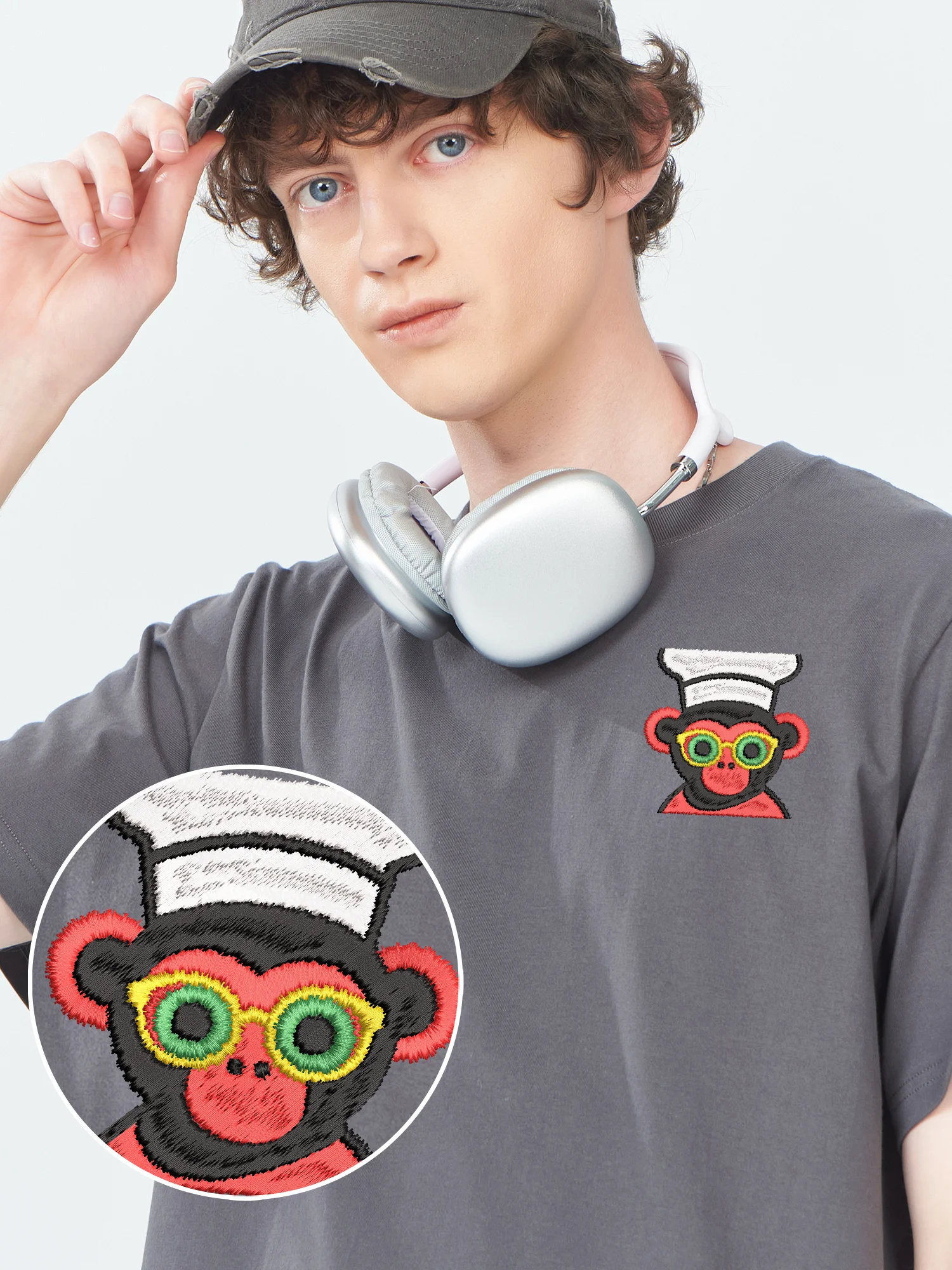 

New Arrival Funny Graphic Embroidered T Shirt Monkey Chef Cotton Comfortable Designer Embroidery T-Shirt Couple Tops