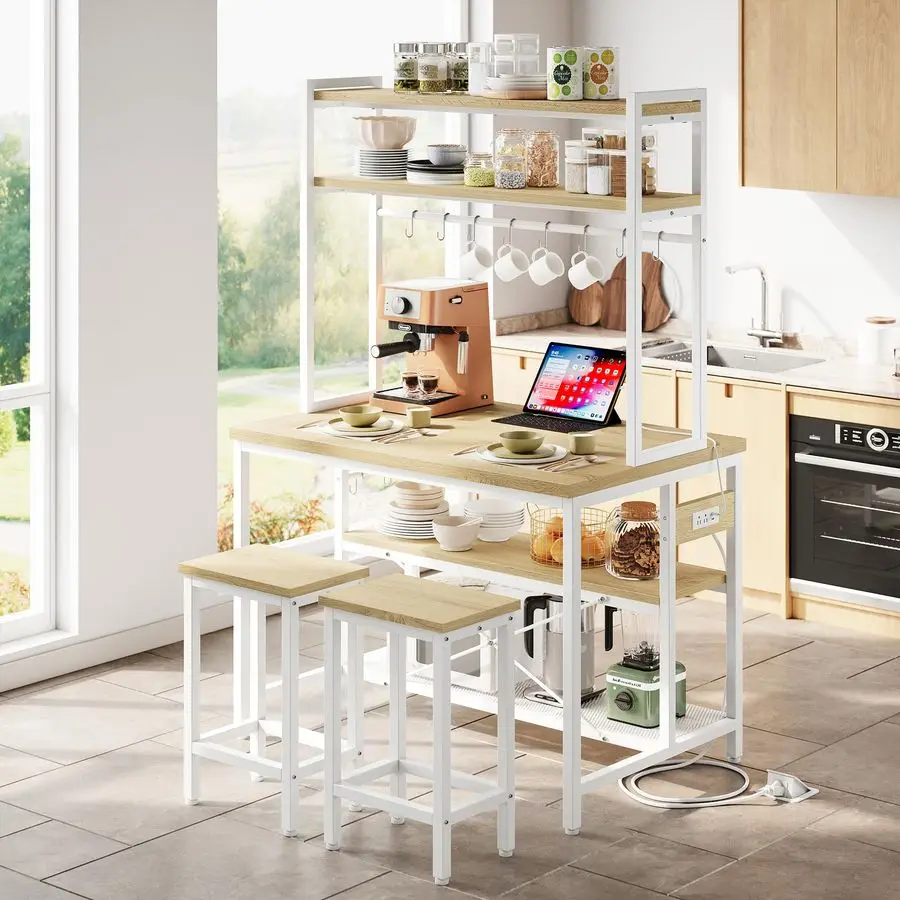 

Kitchen Island with Stools, Dining Table Set with Storage and Power Outlet, Industrial Coffee Bar Table for Kitchen Dining Livin