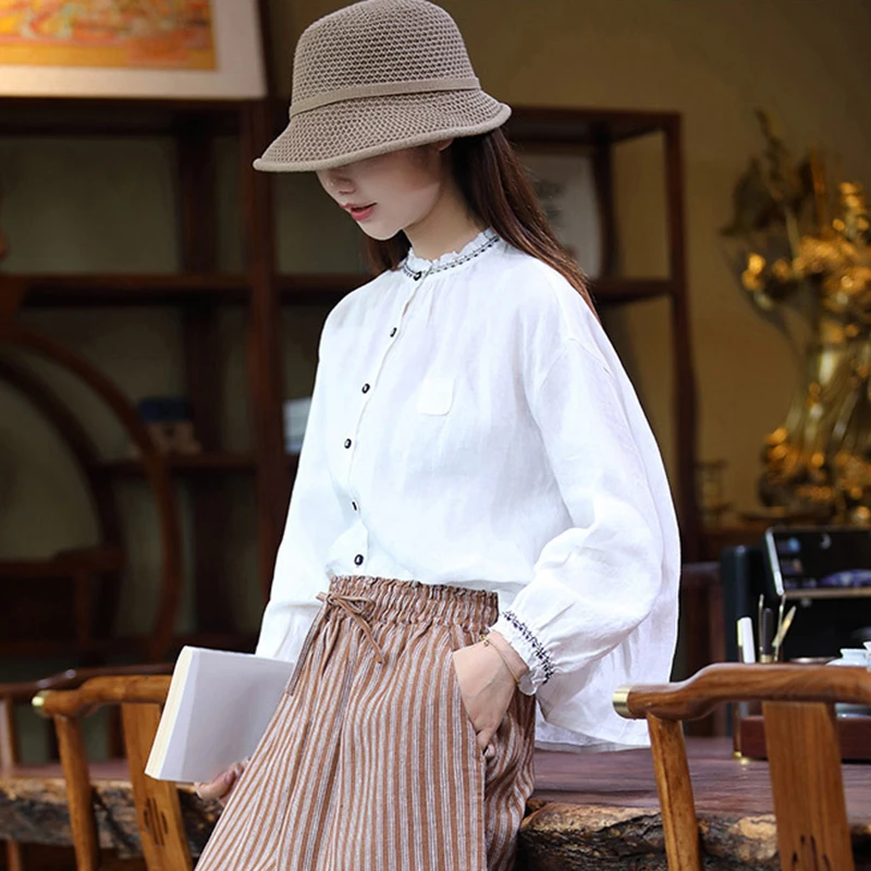 100% lin femmes à manches longues chemise décontractée nouveauté 2025 automne Style Vintage couleur unie ample femmes hauts chemises M1902