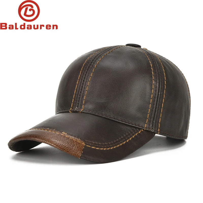 Men Real Cowhide Leather Earlap Caps Male Fall Winter 100% Real Cow Leather Hats New Casual Real Leather Outdoor Baseball Cap