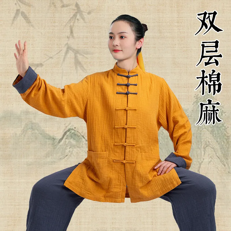 Martial Arts Tai Ji Suit Female   Thickening Cotton and Linen Eight-Section Brocade Exercise Clothing Male Spring, Autumn Winter