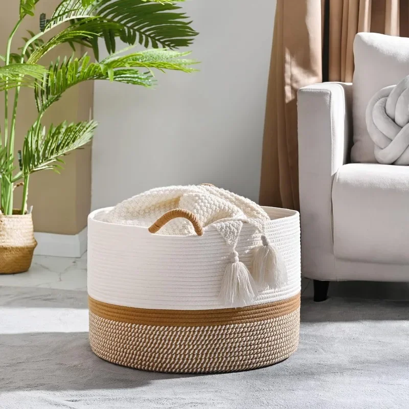 New Eco Friendly Products Cotton Rope Woven Blanket Basket for Baby Laundry Basket Cotton Rope Living Room Storage Basket