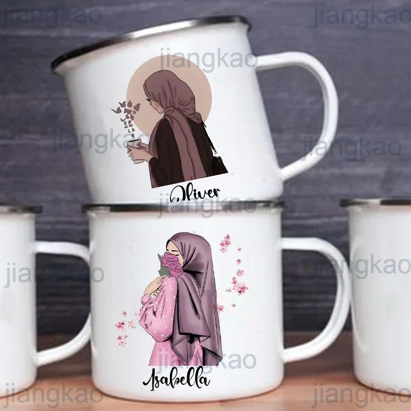 Personalised Hijabi Girl Printed Mug Coffee Cups Drinks Water Cup Muslim Girls Custom Name Enamel Handle Mugs Handle Eid Gifts