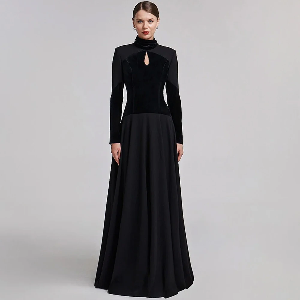 

Modern Black Jersey and Velour Evening Dress High Neckline Long Sleeves Homecoming Dresses Customized Formal Occasion Gowns