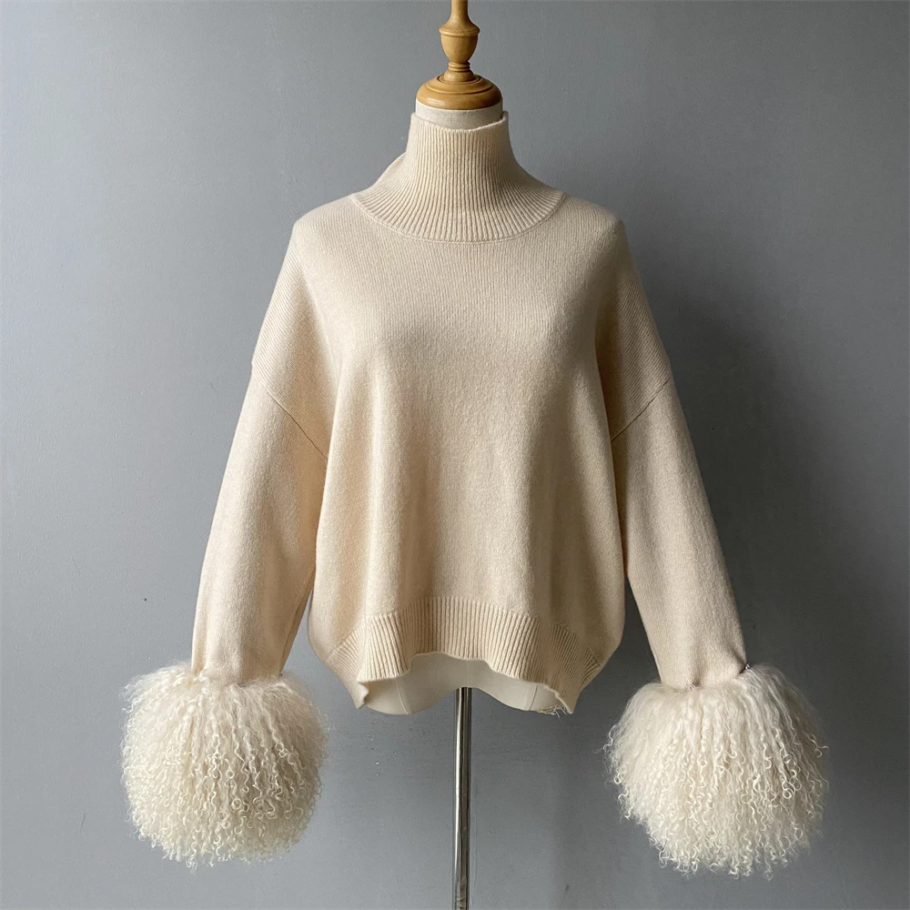 

Jxwatcher Women's Sweater with Natural Mongolian Sheep Fur Cuffs Ladies 100% Wool Kintted Tops Fashion Warm Turtlereck Pullover