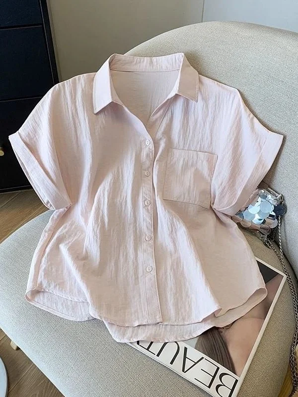 Camisa azul de manga corta con cuello  para mujer, blusa holgada y versátil de verano, blusa súper hermosa para figuras p...