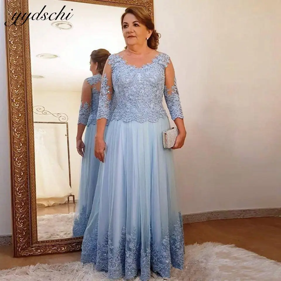 2025 Blue Three Quarter Sleeves Mother Of The Bride Dresses For Wedding Party Tulle Illusion Appliques Elegant Vestidos De Novia