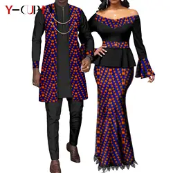 African Couple Matching Clothes for Wedding Bazin Riche Women Print Top and Lace Skirts Sets Dashiki Men 3 Pieces Sets Y22C088