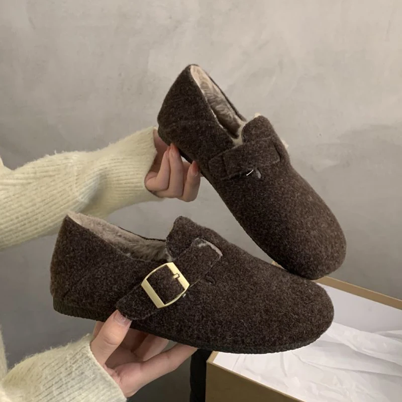 

Fashion New Winter Round Toe Ballet Flats Women Fur Loafers Soft Sole Design Retro Cotton Shoes Ladies Slip on Comfort Leisure