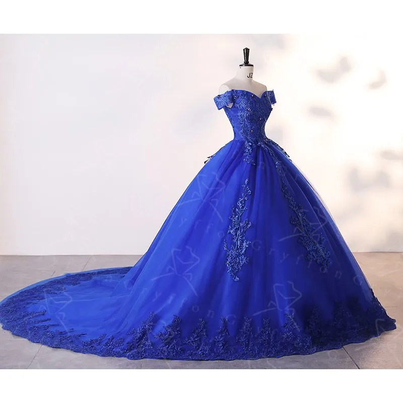 Autumn New Vestidos Blue Quinceanera Dress With Trian Elegant Off The Shoulder Ball Gown Luxury Party Dress Plus Size Prom Gown