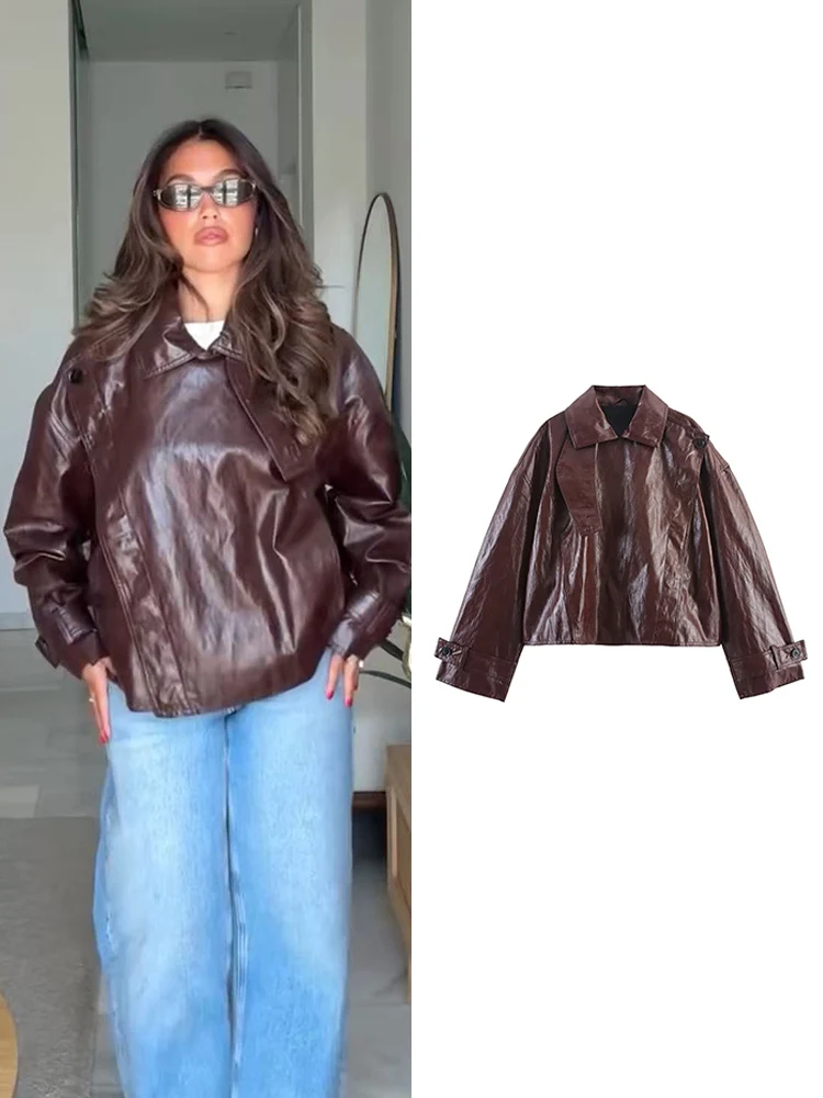 

Осень 2024, женские кожаные куртки, короткое пальто, модная однотонная верхняя одежда из искусственной кожи с лацканами, повседневные свободные женские топы с длинными рукавами
