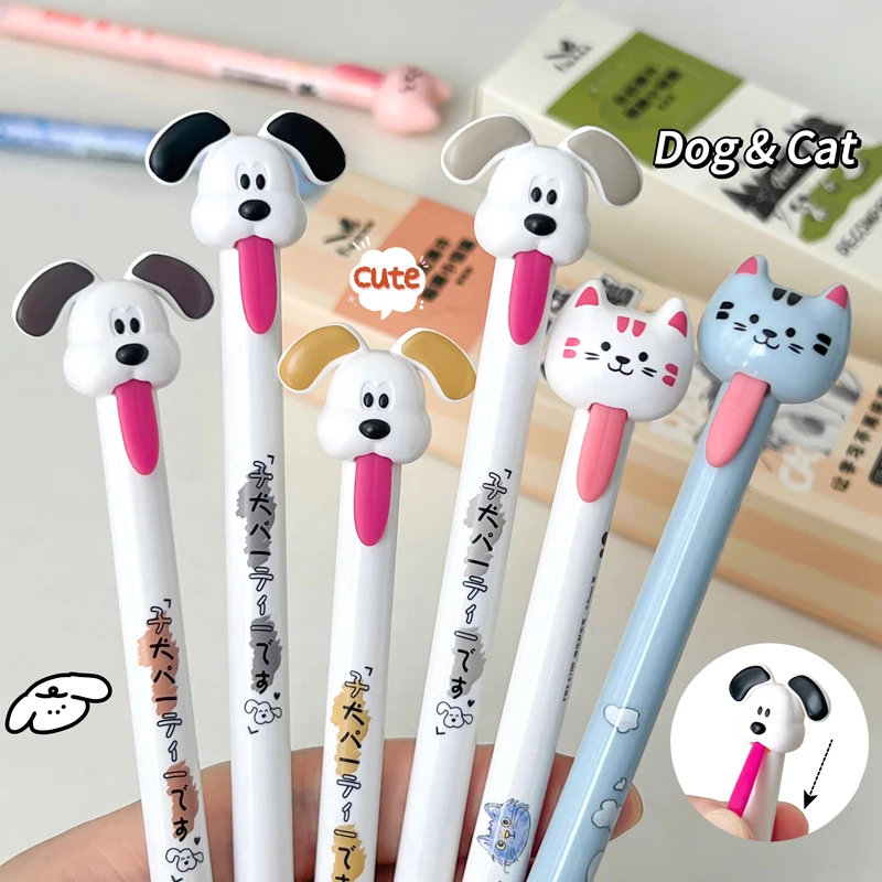 4PCS/Set Cute Dog Gel Pen Tongue Pulling Gel Ink Pen Cat Design Writing Pen 0.5MM Black Neutral Pen Quick Dry Stationery Pen New