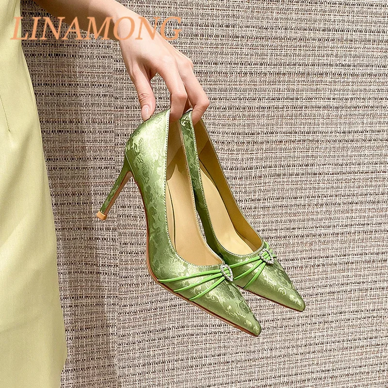 Grass Green Satin High Heels Fashionable Sexy Shallow Mouthed Pointed Rhinestone Decorated Banquet Slim Heel Design High Heels