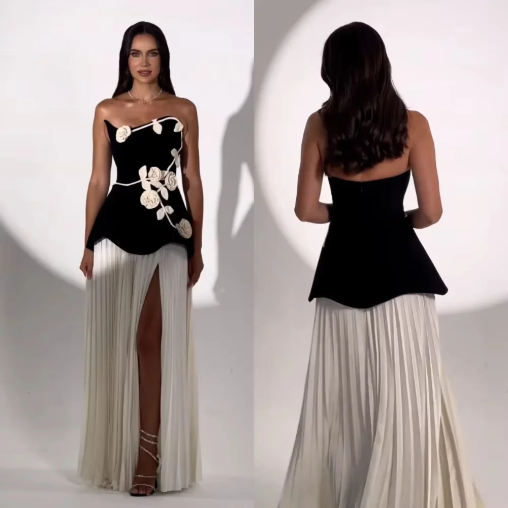 

Customized Evening Dress Gorgeous Satin Prom Dresses Flower Applique Formal Occasion Shining Strapless Party Gown Robe Soiree