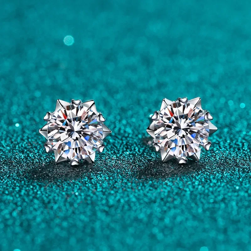 

Silver Total 2 Carat Excellent Cut Diamond Test Pass D Color High Clarity Moissnaite Snowflake Stud Earrings Silver 925 Jewelry