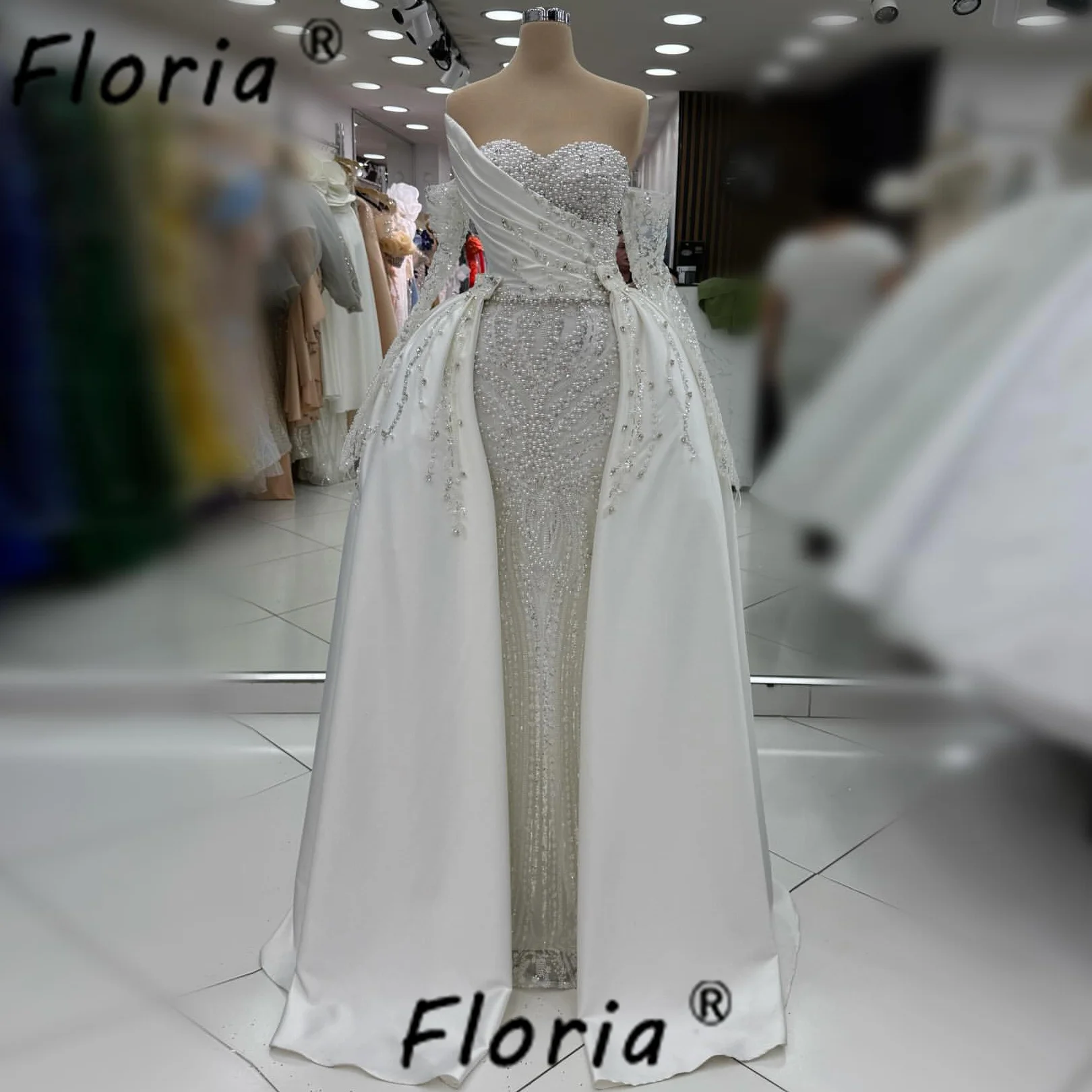 فستان زفاف أبيض فاخر مع ذيل قابل للانفصال لؤلؤ كريستال ساتان حورية البحر رداء حفلات العروس امرأة أفريقية فيستدوس دي غالا #1