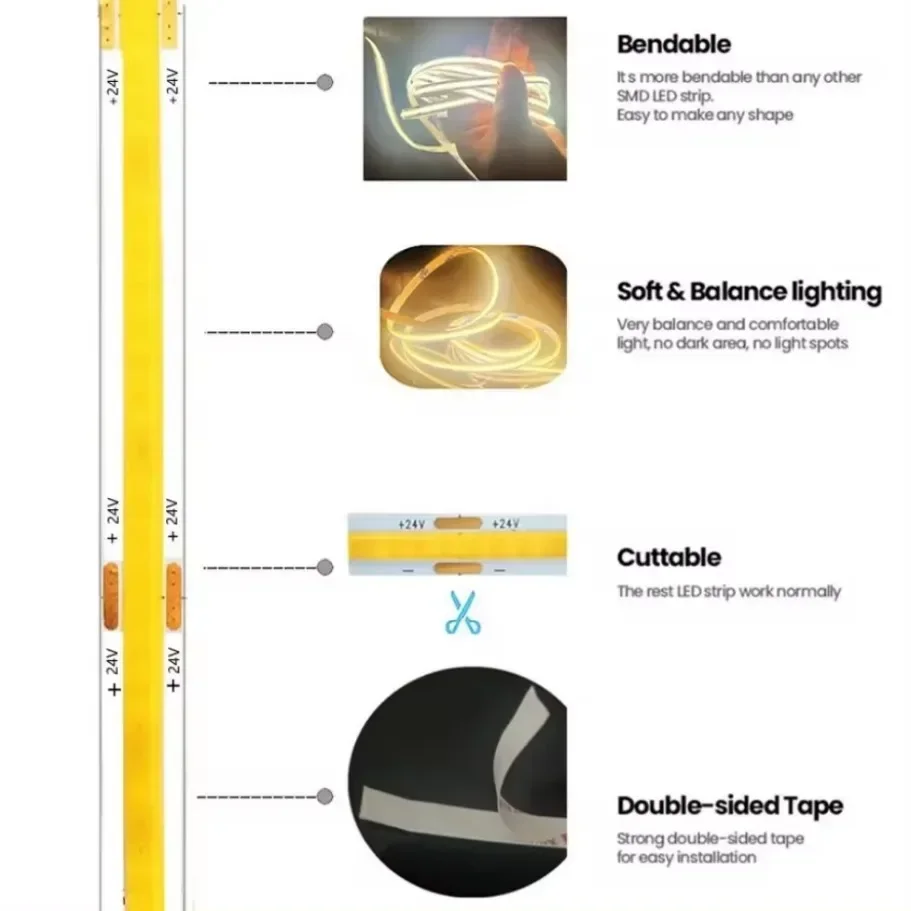 Taśma LED 12V 24V COB Ultra cienka taśma 8MM z wtyczką DC / 2-pinowy przewód Ściemnialne oświetlenie liniowe Lampa dekoracyjna o wysokiej gęstości