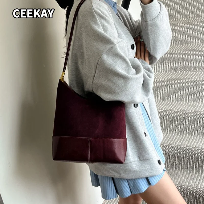 CEEKAY Women's Shoulder Bag Burgundy Suede Splice PU Leather Large Hobo Handbag Zipper Daily Casual Commute Vintage Shoulder Bag