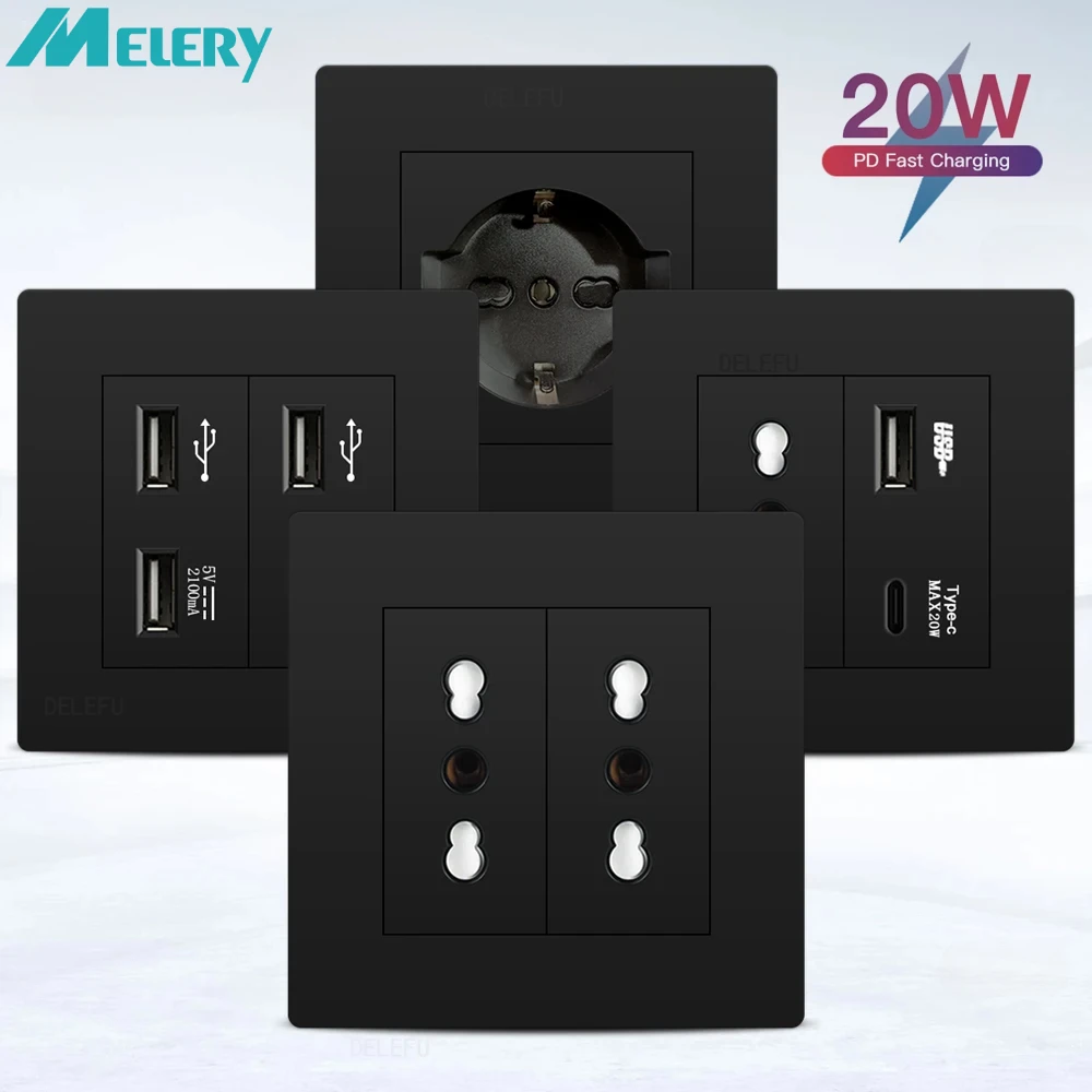 

Melery Italy Outlets Plug Standard Wall Socket 86 PC Black Flame Retardant Panel USB TypeC Socket German Italian Socke EU Socket