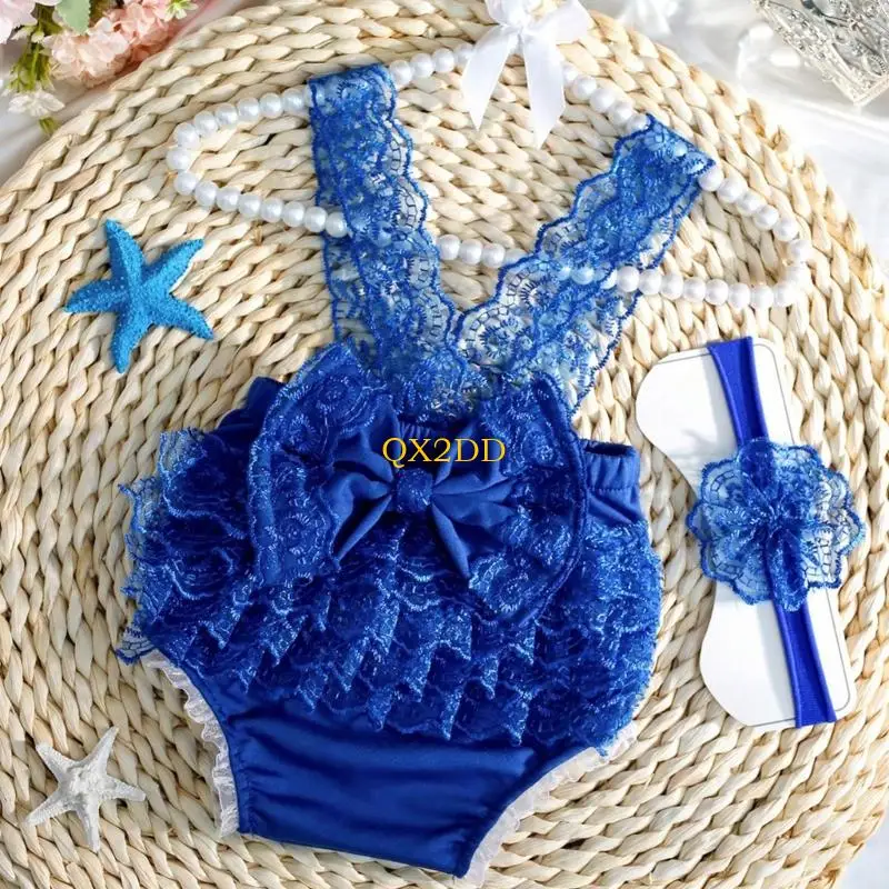 

Infant Photo Lace Dress Headband Matching Set Breathable Polyester Newborns Photography Costume