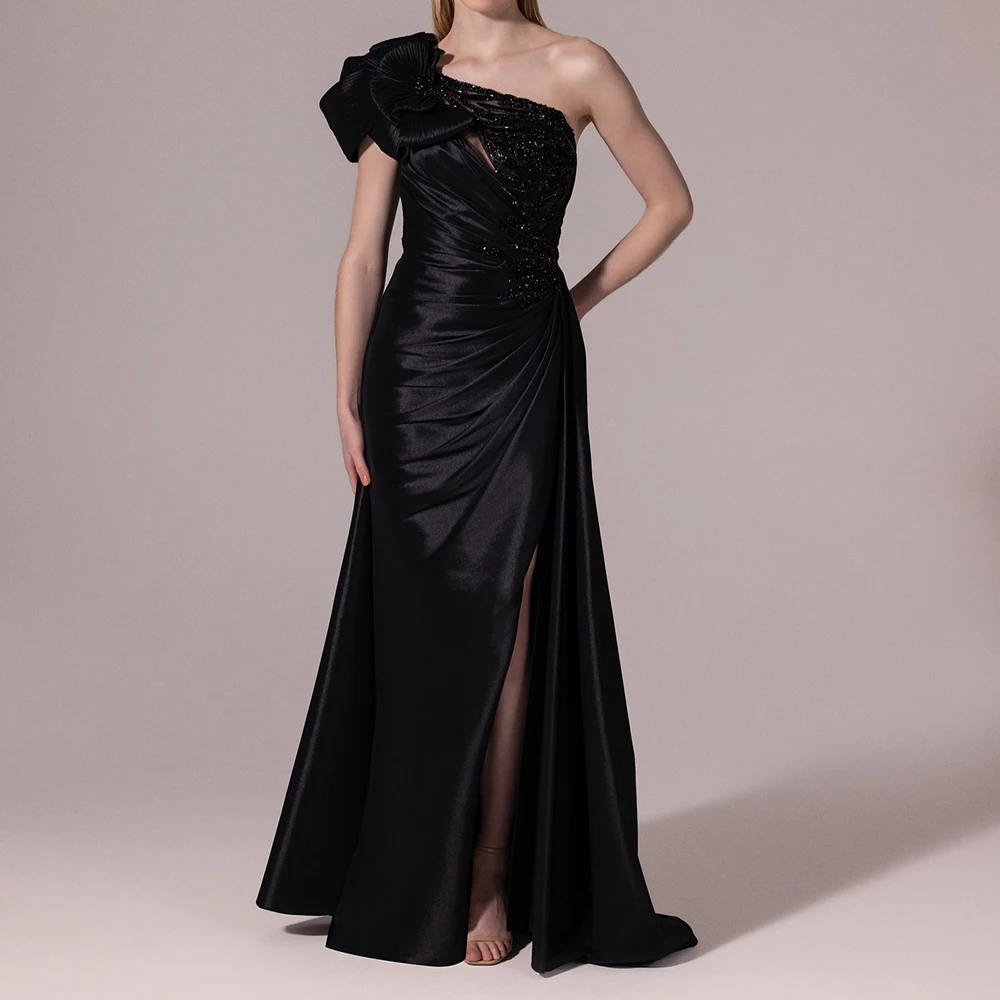 

Customized Mermaid Evening Dresses Floor-length One-shoulder Sleeveless Prom Gown Fashion Sequined Pleat Draped Party Gown
