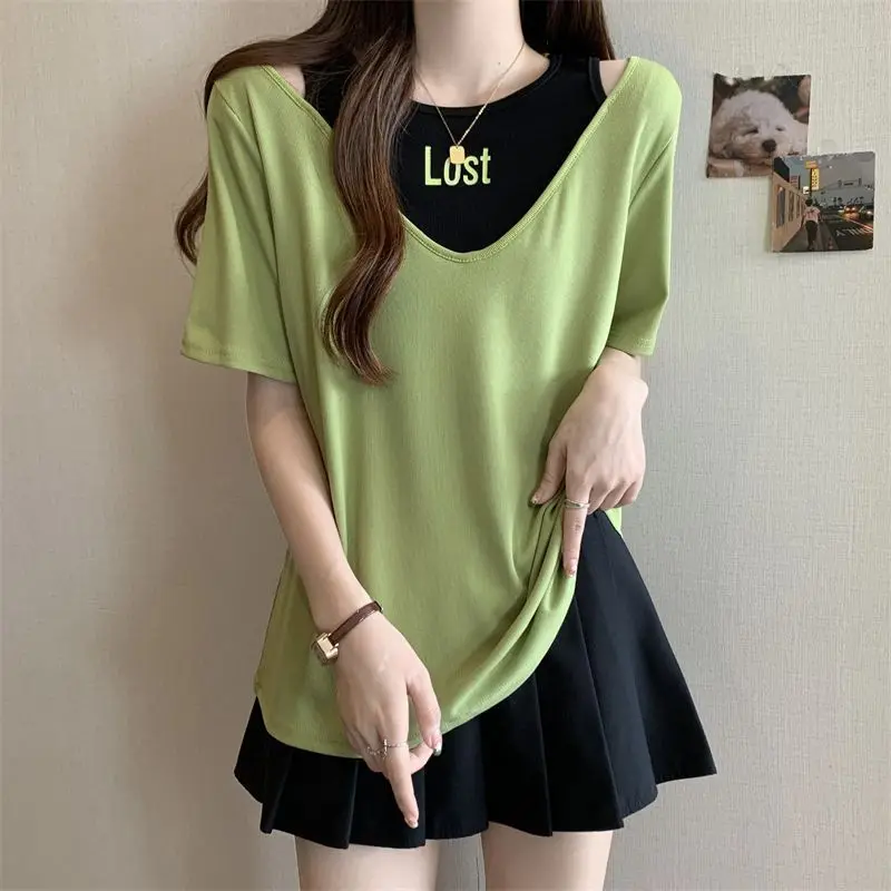 Plus Size Women\'s Fake Two Piece Short Sleeve Tops Hollow Out Loose Contrast Letter T Shirts Summer New Casual Fashion Clothing