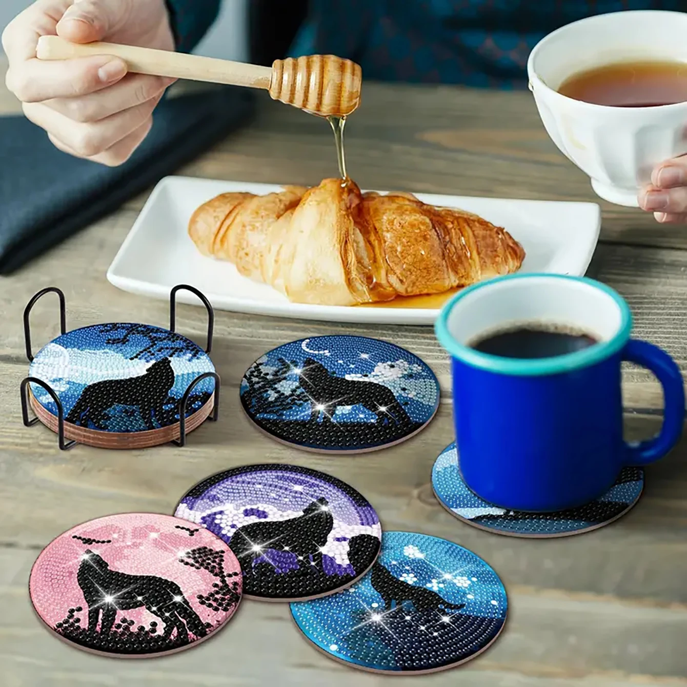 8 pieces/set of animal wolf diamond painting coaster set, DIY coaster with holder, beginner and adult diamond craft gift
