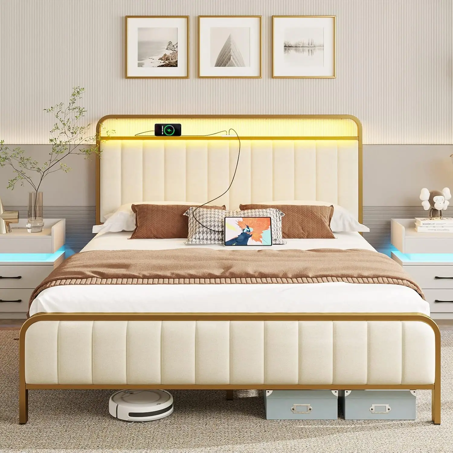 

Full Upholstered Metal Bed Frame with LED Light USB Charging Station Noise Free Easy Assembly Golden, Customized