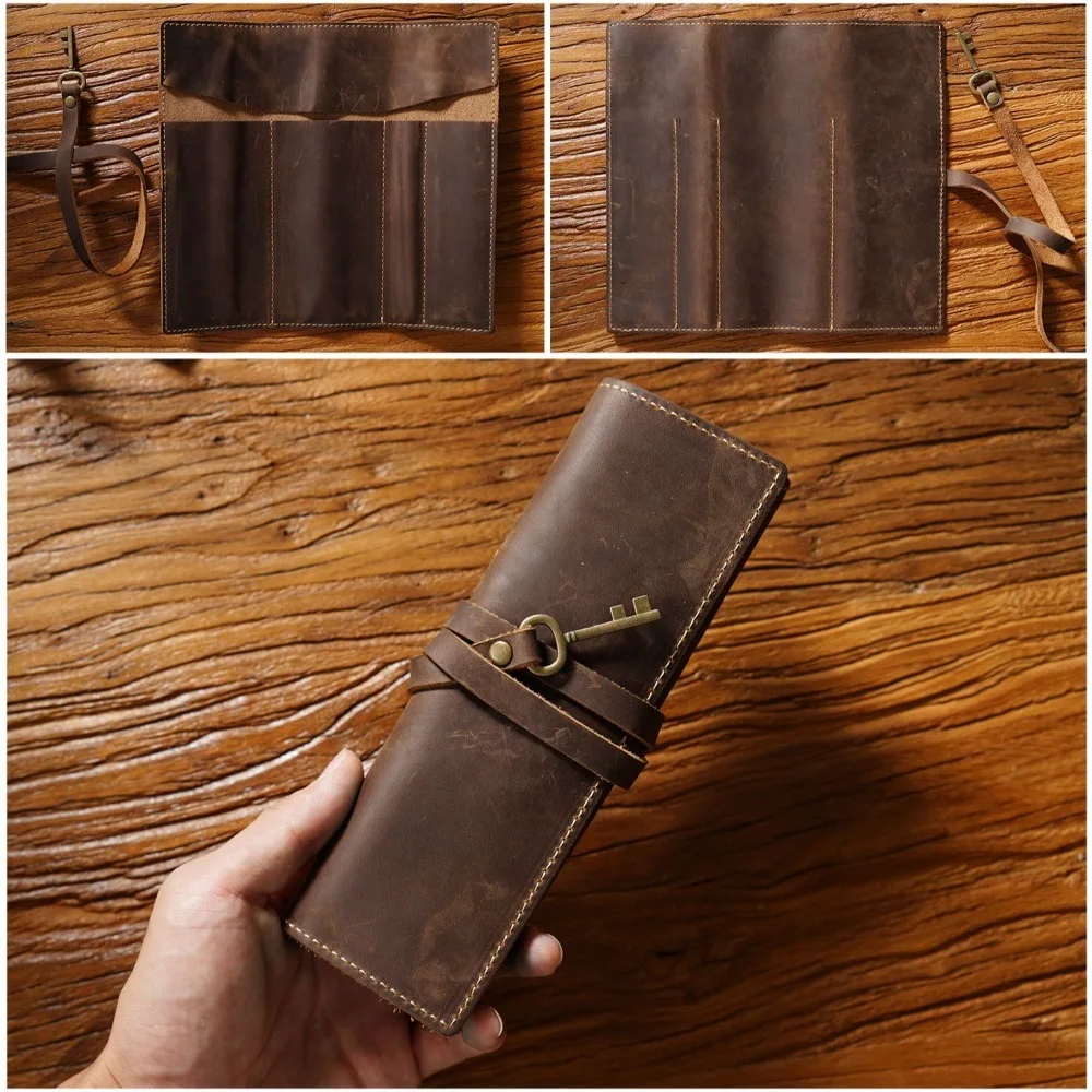 Genuine Leather Genuine Leather Pencil Case Pens Bag Tie Rope Foldable Leathe Pencil Bag Creative Retro