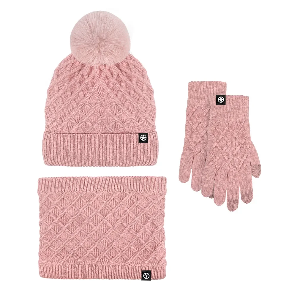 

3pcs/set Winter Beanie Hat Scarf Touch screen Gloves Set for Women Warm Knit Fleece Lined Hat Set Real Fox Fur Ball Cap