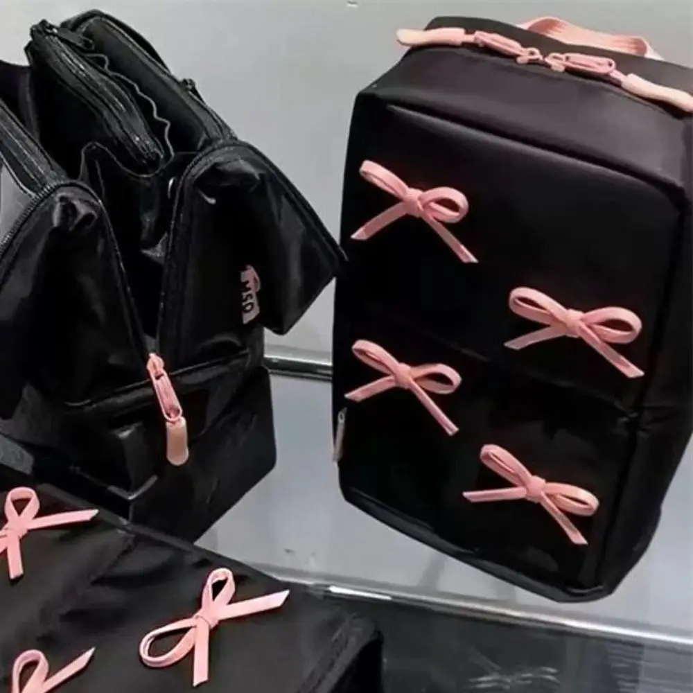 الوردي Bowknot النايلون العمودي حقيبة ماكياج مقلمة سعة كبيرة القوس حقيبة مستحضرات التجميل التقسيم متعددة الوظائف #4