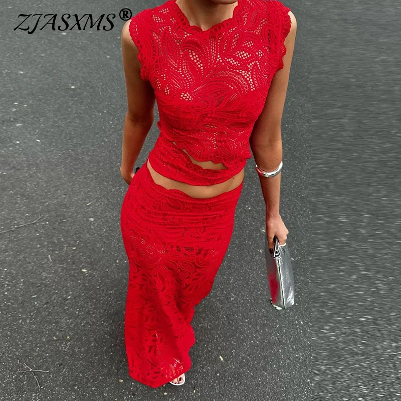 Red Sexy Hook Flower Hollow Lace Set Two Piece Crew Neck Crop Top and Fishtail Skirt Woman Outfit Spring Summer Slim Ladies Suit